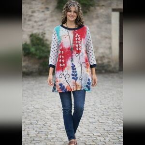 Dolcezza Simply Art Abstract Floral Tunic Top 3/4 Sleeves Pink Blue Size Large